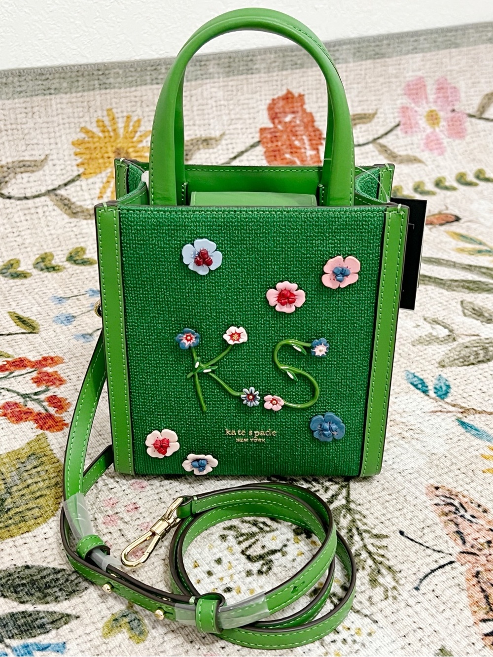 NWT Kate Spade New York Manhattan Floral Appliqué Green Mini Tote